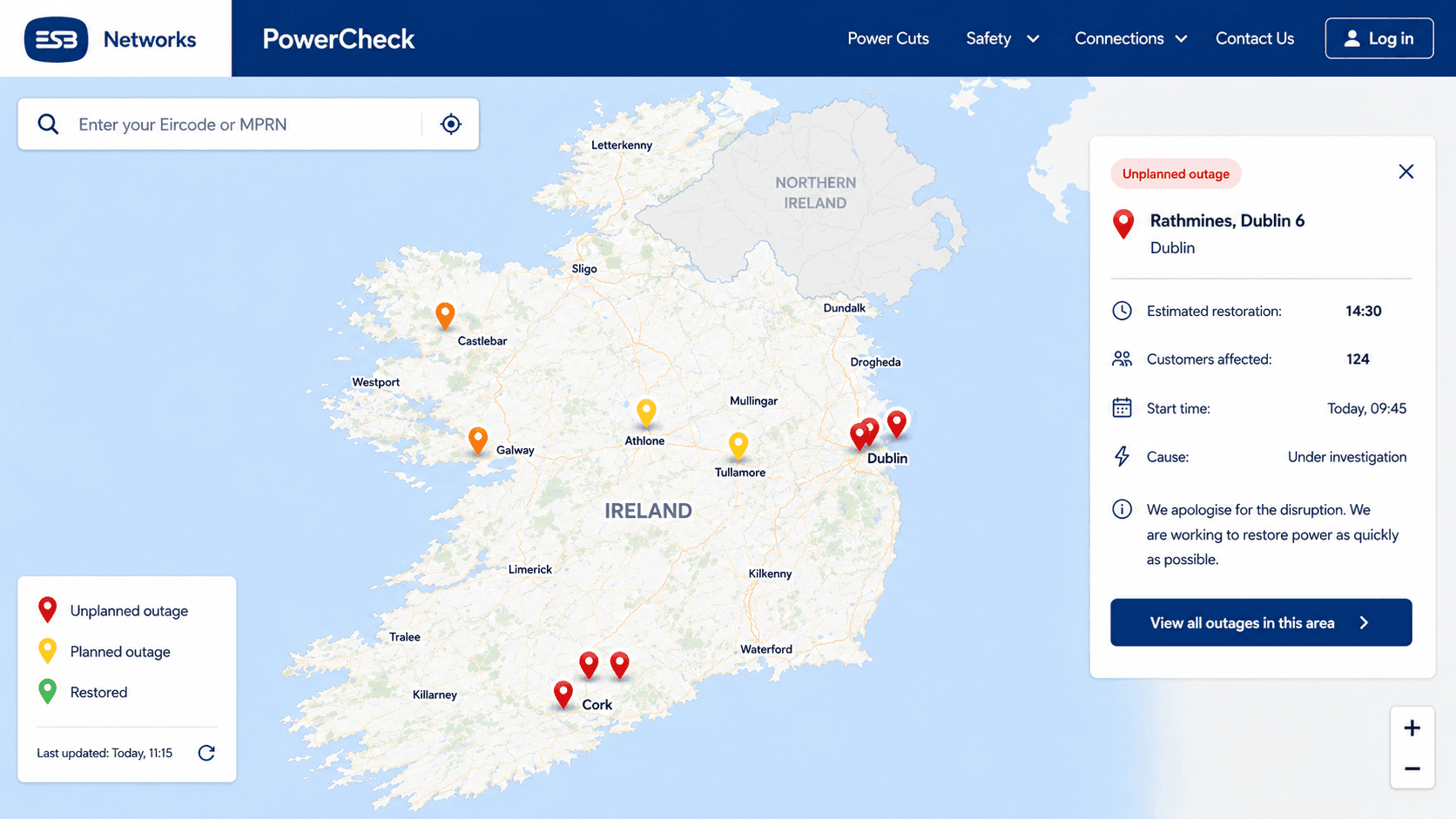 Illustration of the ESB Networks PowerCheck map showing live power cut and outage locations across Ireland, with pins around Dublin, Cork, Athlone and Tullamore and a sidebar panel showing the estimated restoration time.