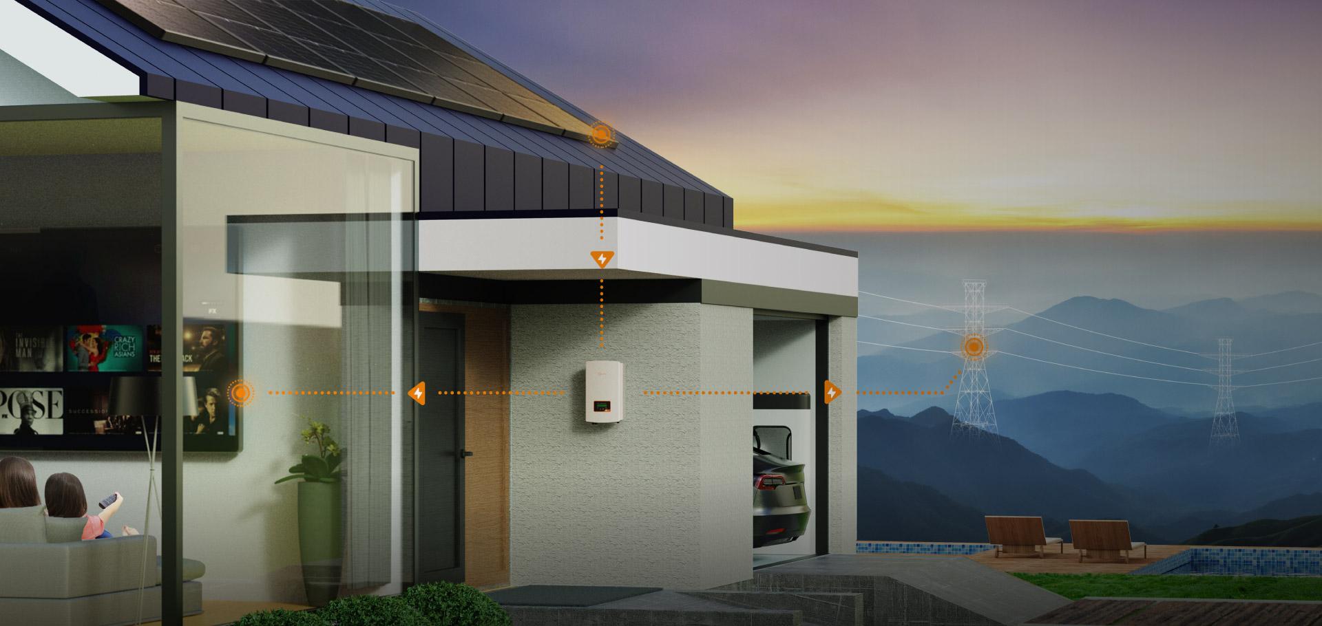 Solis residential hybrid inverter on the wall of a home with rooftop solar panels and EV charging